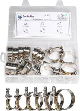 Gbtst0079 Goobetter 18 Pcs 6 Sizes T-bolt Hose Clamps Stainless Steel Turbo Silver