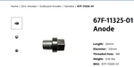 Genuine Yamaha 67F-11325-01-00 Outboard Cylinder Anode. Fixed Price $8.50.